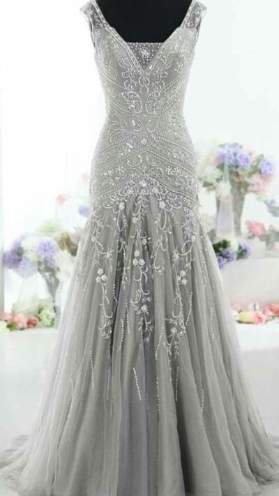 Grey Mother of Bride/ Groom Dress Lace Appliques Evening Formal Gowns Prom Dress