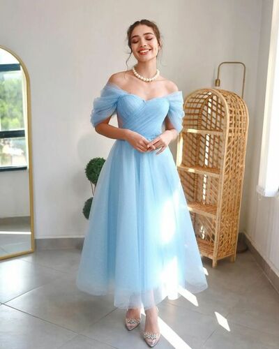 Sky Blue Mother of Bride/ Groom Dress Simple Tea-length Evening Formal Gowns Prom Dress