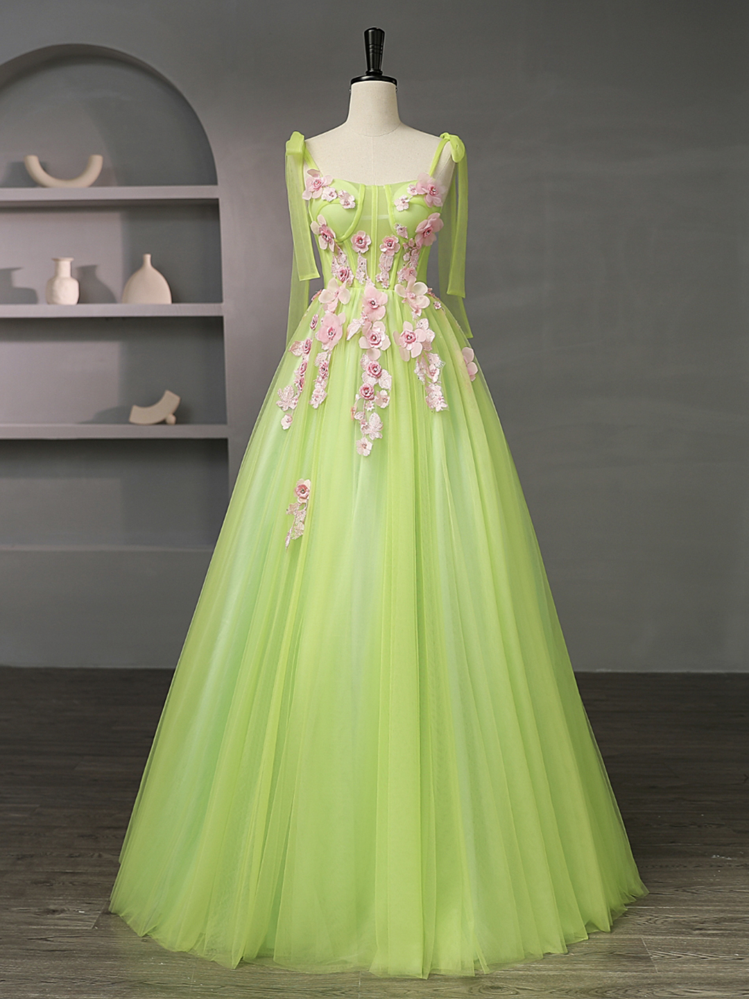 Green Tulle Flowers Long Prom Dress, Beautiful A-Line Evening Party Dress