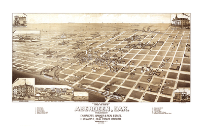 Aberdeen, South Dakota in 1883 - Bird's Eye View, Aerial Panorama, Vintage, Antique Map, Reproduction, Giclée, Fine Art, Wall Art, History