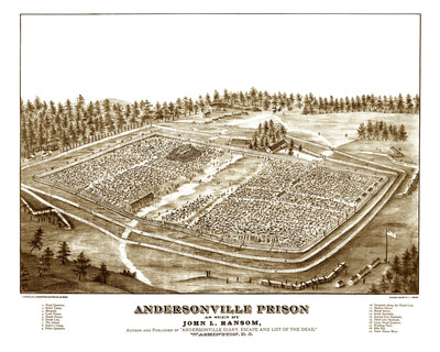 Andersonville Prison, GA - Created 1882 - Bird's Eye View Map, Aerial, Panorama, Vintage, Antique, Reproduction, Giclée, Framable, Fine Art