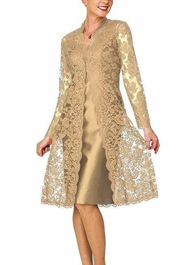 Champagne Mother of Bride/ Groom Dress Lace Jacket Evening Formal Gowns Prom Dress