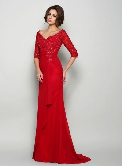 Simple Mother of Bride/ Groom Dress Red Lace Evening Formal Gowns Prom Dress