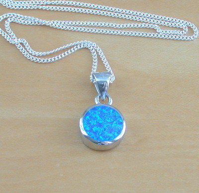 Sterling Silver Blue Opal Round Pendant & 18' Chain/Blue Opal Necklace/Blue Opal Jewellery/Blue Opal Jewelry/October Birthstone/Gemstone Necklace/UK