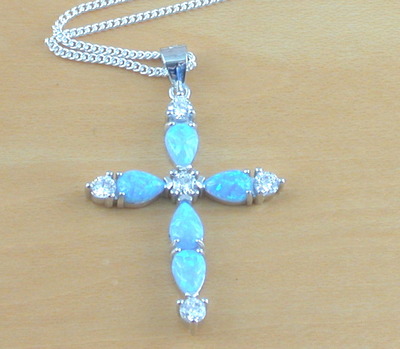 Sterling Silver Blue Opal Cross Pendant & Chain/Blue Opal Necklace/Cross Pendant/Cross Jewellery/Opal Jewellery/Opal Jewelry