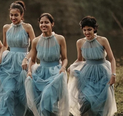 Gray Blue Bridesmaid Dresses High Neck