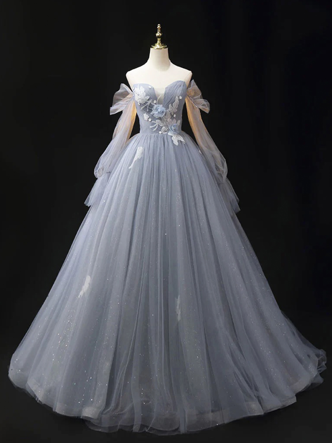 Gray Blue Tulle Lace Long Sleeve Evening Party Dress
