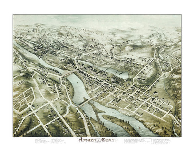 Ansonia, Connecticut in 1875 - Bird's Eye View, Aerial, Panorama, Vintage, Antique, Giclée, Fine Art, Wall Art, History