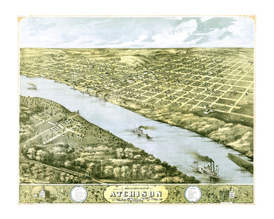 Atchison, Kansas in 1869 - Bird's Eye View Map, Aerial, Panorama, Vintage, Antique, Reproduction, Giclée, Fine Art, Wall Art, History