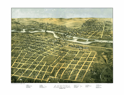 Aurora, Illinois in 1867 - Bird's Eye View, Map, Aerial, Panorama, Vintage, Antique, Reproduction, Giclée, Fine Art, Wall Art, History