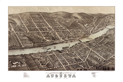 Augusta, Maine in 1878 - Bird's Eye View Map, Aerial, Panorama, Vintage, Antique, Reproduction, Giclée, Framable, Fine Art