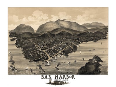 Bar Harbor, Maine in 1886 - Bird's Eye View Map, Aerial, Panorama, Vintage, Antique, Reproduction, Giclée, Framable, Fine Art