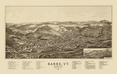 Barre, VT in 1891 - Bird's Eye View Map, Aerial map, Panorama, Vintage map, Antique map, Reproduction, Giclée, Wall map, Framable