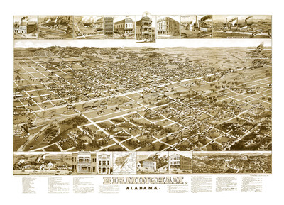 Birmingham, Alabama in 1885 - Bird's Eye View Map, Aerial, Panorama, Vintage, Antique, Reproduction, Giclée, Fine Art, Wall Map, History