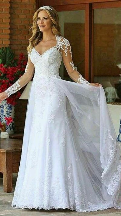Simple Long Sleeve Lace Wedding Dress Bridal Gown