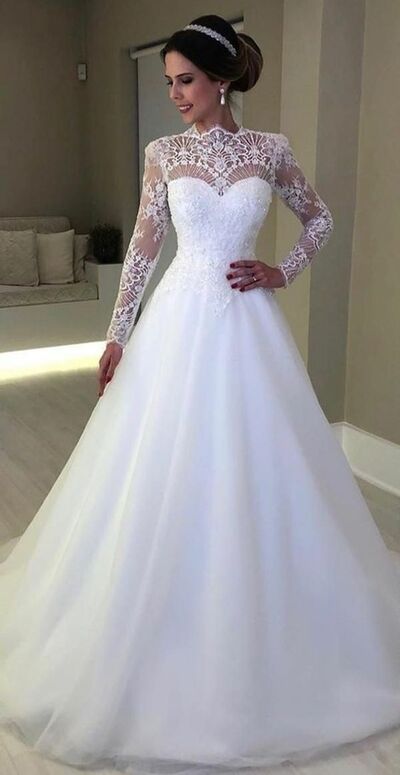 Elegant High Neck Long Sleeve Lace Appliques Wedding Dress Bridal Gown