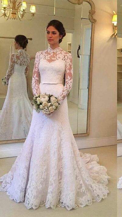 Elegant High Neck Long Sleeve Lace Appliques Wedding Dress Bridal Gown