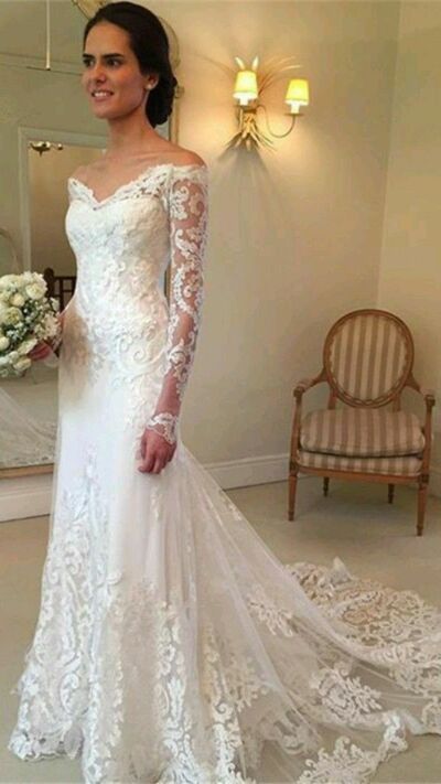 Elegant Scoop Long Sleeve Lace Appliques Wedding Dress Bridal Gown
