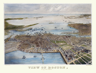 Boston, MA in 1870 - Bird's Eye View Map, Aerial, Panorama, Vintage, Antique, Reproduction, Giclée, Framable, Fine Art