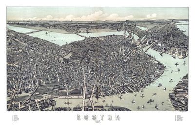 Boston, MA in 1899 - Bird's Eye View Map, Aerial, Panorama, Vintage, Antique, Reproduction, Giclée, Framable, Fine Art
