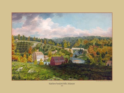 Mill on the Brandywine Creek, Delaware in 1828 - Bird's Eye View, Watercolor, Vintage, Antique, Reproduction, Fine Art, Wall Art