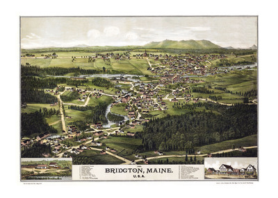 Bridgton, Maine in 1888 - Bird's Eye View Map, Aerial, Panorama, Vintage, Antique, Reproduction, Giclée, Framable, Fine Art