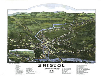 Bristol, NH in 1884 - Bird's Eye View Map, Aerial, Panorama, Vintage, Antique, Reproduction, Giclée, Framable, Fine Art