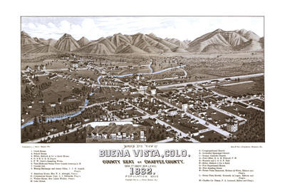 Buena Vista, Colorado in 1882 - Bird's Eye View Map, Aerial map, Panorama, Vintage, Antique map, Reproduction, Fine Art, Wall Art, History