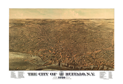 Buffalo, NY in 1880 - Bird's Eye View Map, Aerial map, Panorama, Vintage map, Antique map, Giclée, Framable map, Fine Art map, Wall Art