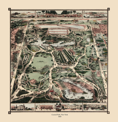 Central Park, New York in 1860- Bird's Eye View, Aerial, Panorama, Vintage, Antique Map, Reproduction, Giclée, Fine Art, Wall Map, History