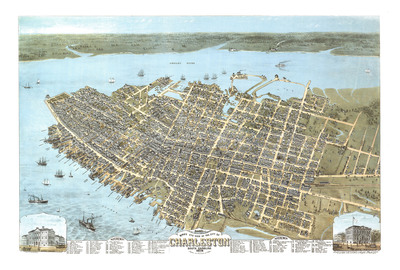 Charleston, South Carolina in 1872 - Bird's Eye View, Map, Aerial, Panorama, Vintage, Antique, Fine Art, Wall art