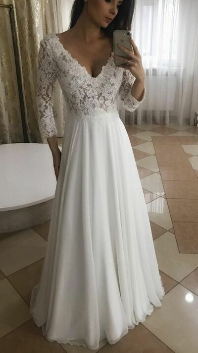 Simple Lace Beach Boho Wedding Dress Bridal Gown