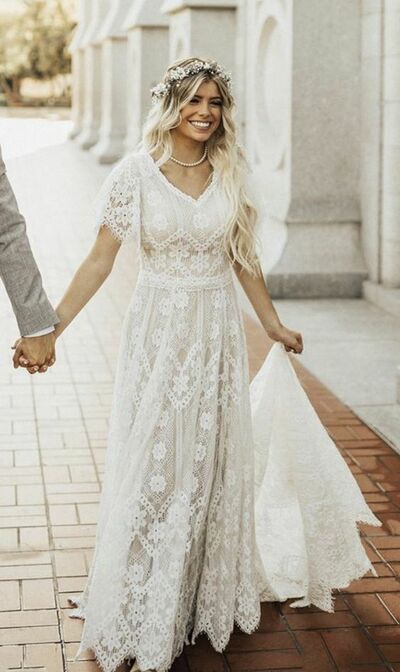 Simple Ball Gown Lace Beach Boho Wedding Dress Bridal Gown