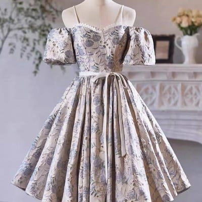A-line print spaghetti strap knee length prom party dress - Thumbnail 1