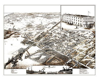 Collingwood, Ontario, Canada in 1875 - Bird's Eye View, Aerial, Panorama, Vintage, Antique, Reproduction, Giclée, Framable, Fine Art, home, wall art