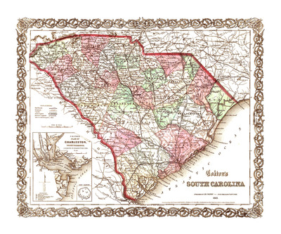 Colton's South Carolina in 1865- State Map, Restoration, Vintage, Antique, Fine Art, Wall Art, History