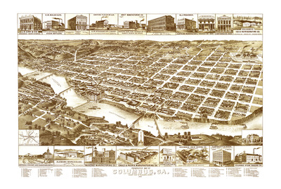 Columbus, Georgia in 1886 - Bird's Eye View, Aerial map, Panorama, Vintage, Antique map, Reproduction, Giclée, Fine Art, Wall Art, History