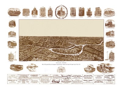 Dallas, Texas in 1892 - Bird's Eye View, Map, Aerial, Panorama, Vintage, Antique, Fine Art, Wall art