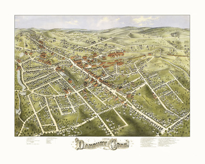 Danbury, Connecticut in 1875 - Bird's Eye View, Map, Aerial, Panorama, Vintage, Antique, Reproduction, Giclée, Fine Art, Wall Art, History