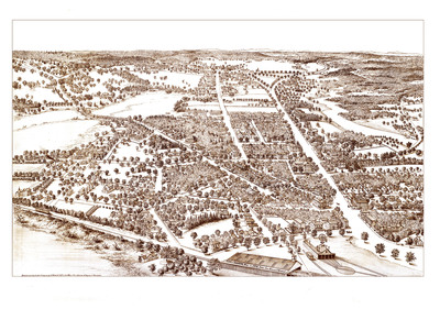 Dedham, MA in 1876 - Bird's Eye View Map, Aerial map, Panorama map, Vintagemap, Antique map, Reproduction, Giclée, Framable map, Fine Art