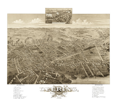 Deering, Maine in 1886 - Bird's Eye View Map, Aerial, Panorama, Vintage, Antique, Reproduction, Giclée, Fine Art, Wall Art