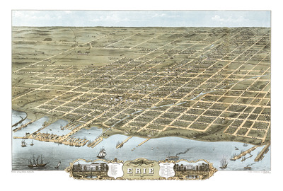 Erie, Pennsylvania in 1870 - Bird's Eye View, Map, Aerial, Panorama, Vintage, Antique, Fine Art, Wall Art, History