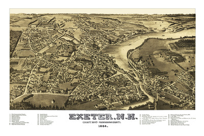 Exeter, NH in 1884 - Bird's Eye View Map, Aerial, Panorama, Vintage, Antique, Reproduction, Giclée, Framable, Fine Art