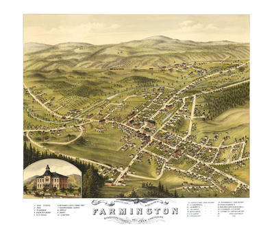 Farmington, NH in 1877 - Bird's Eye View Map, Aerial, Panorama, Vintage, Antique, Reproduction, Giclée, Framable, Fine Art