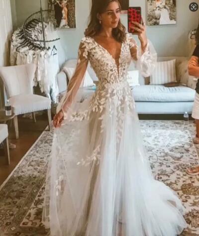Elegant A Line Lace Appliques Wedding Dress Bridal Gown