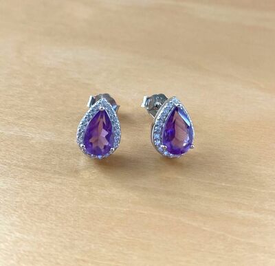 Sterling Silver Amethyst & Cz Teardrop Stud Earrings/Amethyst Earrings/Amethyst Studs/Amethyst Jewellery/Amethyst Jewelry/February Birthstone/UK