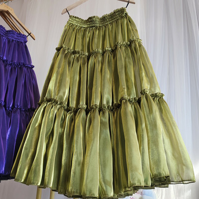 Olive Green A-line Satin Skirt Outfit Women Plus Size Taffeta Holiday Midi Skirt