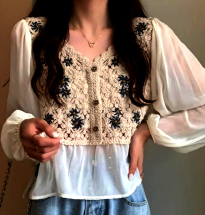 FREE SHIP! Vintage Boho Chiffon Patchwork Knit Emboidery Ruffle Lantern Sleeves Loose Fits Blouse Tops Unique