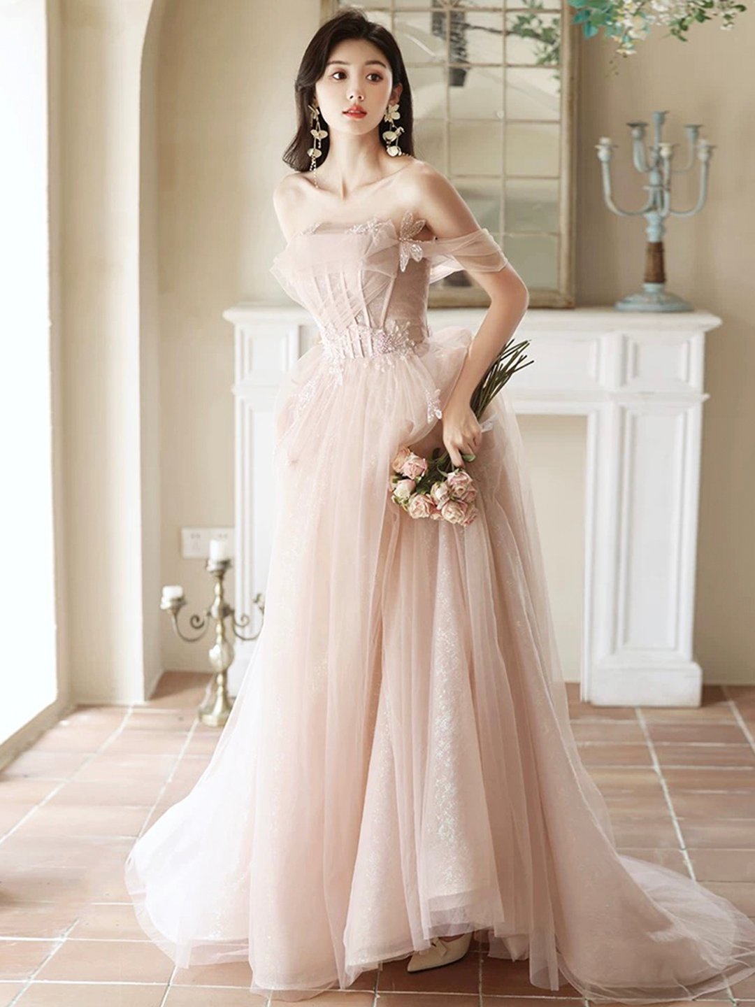 Pink Tulle Long A-Line Prom Party Dress, Pink Evening Dress