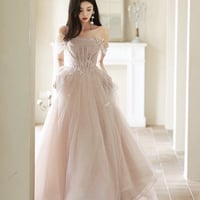 Pink Tulle Long A-Line Prom Party Dress, Pink Evening Dress - Thumbnail 2